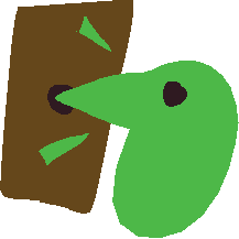 a stylized drawing of a very simplified green bird pecking at a brown rectangle. there are lines by the beak to indicate motion or emphasis